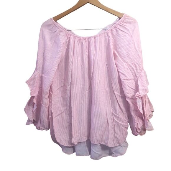 Cupio Blush 3/4 Sleeve With Ruffle White Pink Striped V Neck Blouse Viscose - Picture 5 of 5